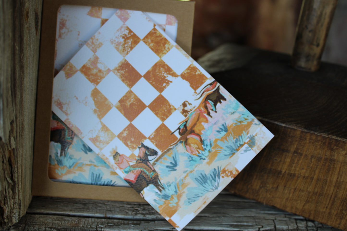 Mini Western Longhorn + Checkered Greeting Card Set