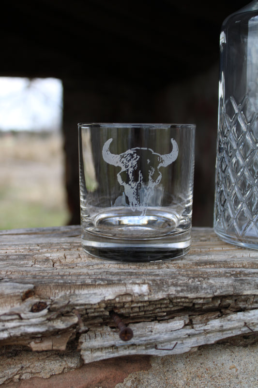 Western Inspired Etched Old Fashioned Whiskey Glasses Set of 3