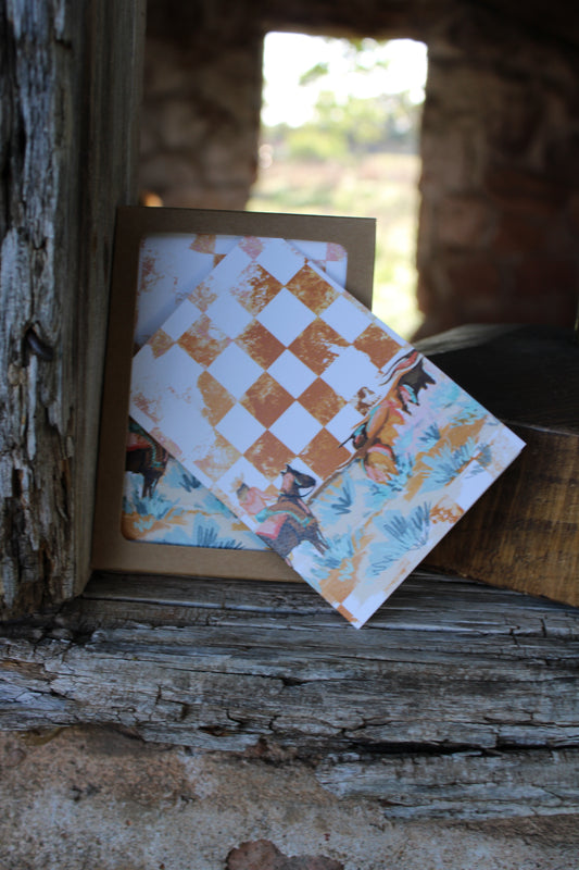 Mini Western Longhorn + Checkered Greeting Card Set