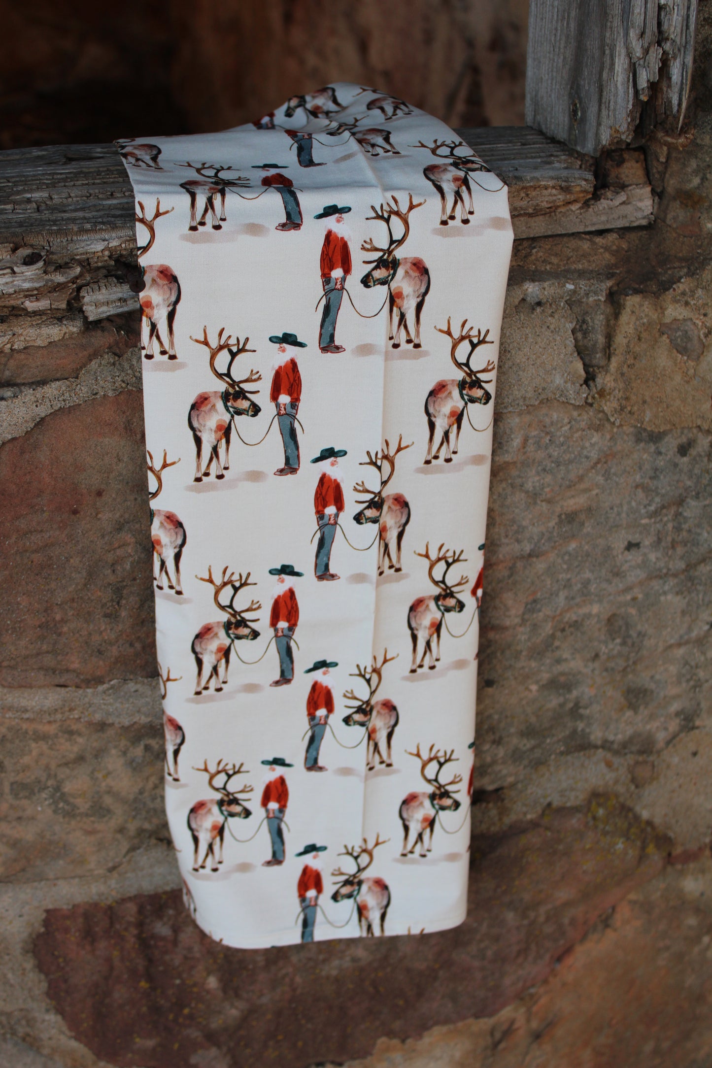 Santa’s Ranch Western Christmas Kitchen Tea Towel with Santa and Reindeer in Cream