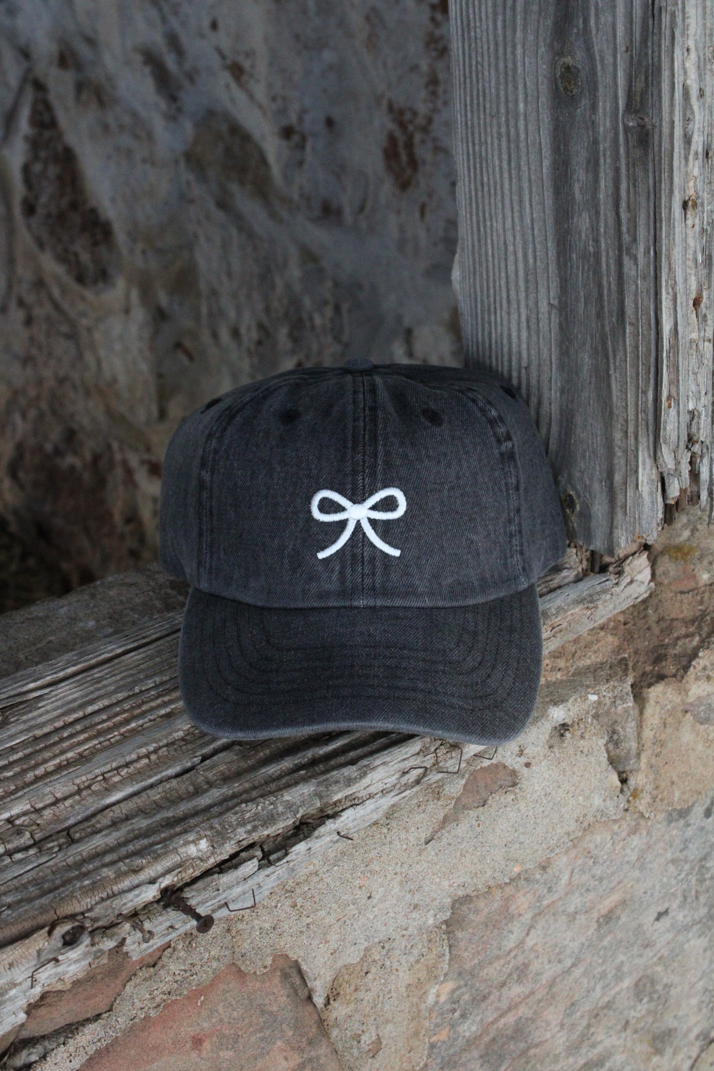 Denim Bow Baseball Cap in Black