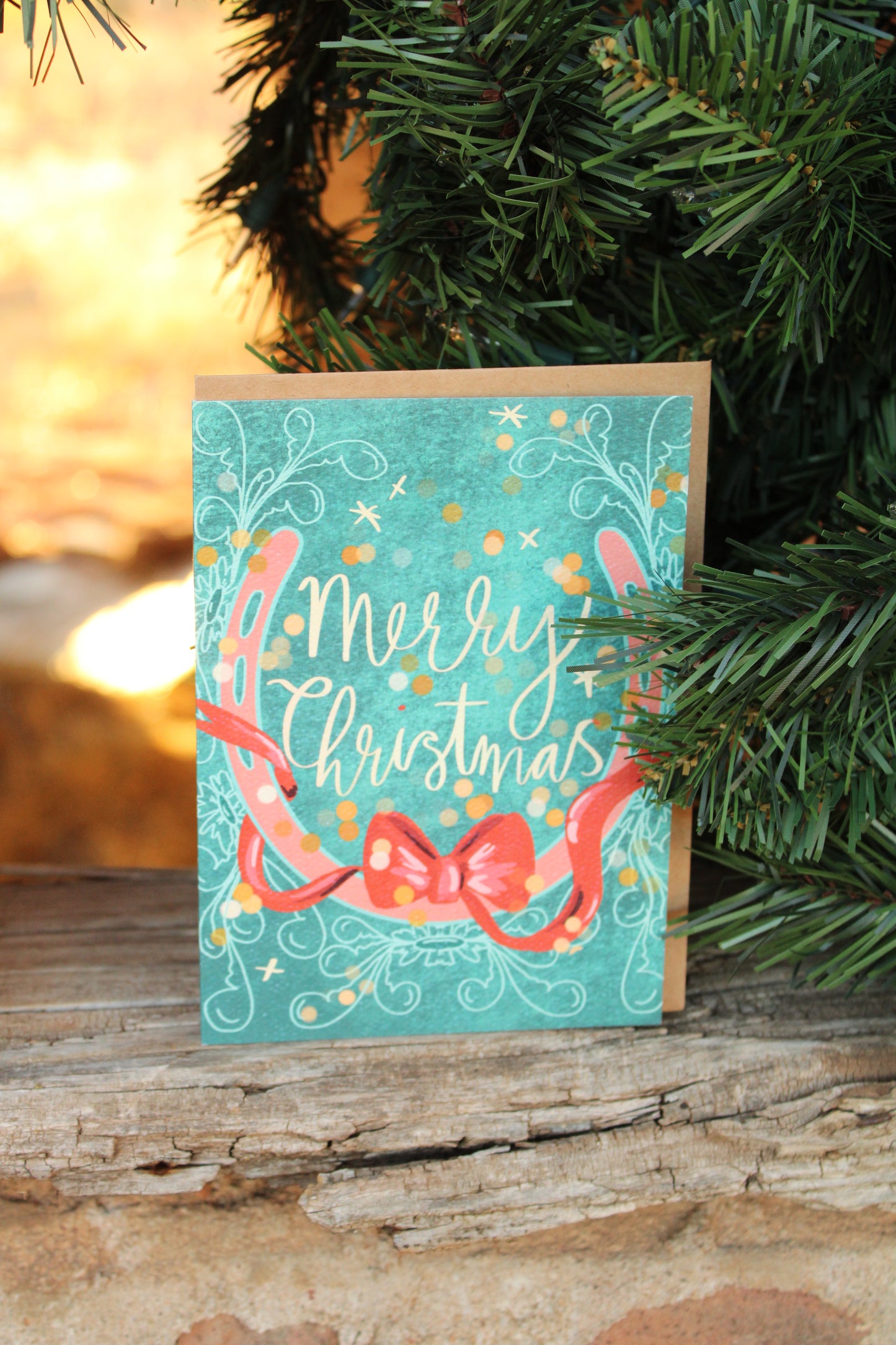 Western Holiday Christmas Card with Horseshoe and Ribbon