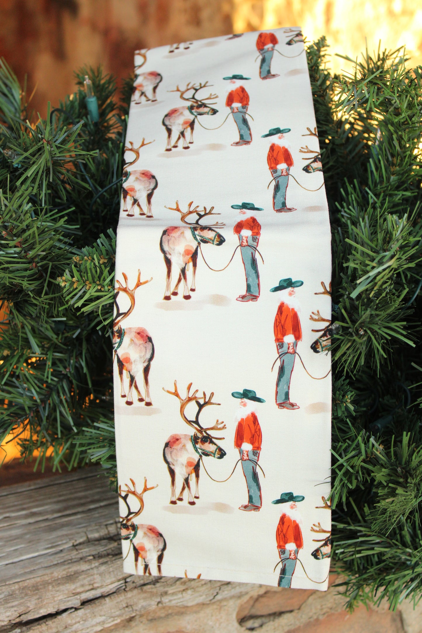 Santa’s Ranch Western Christmas Kitchen Tea Towel with Santa and Reindeer in Cream