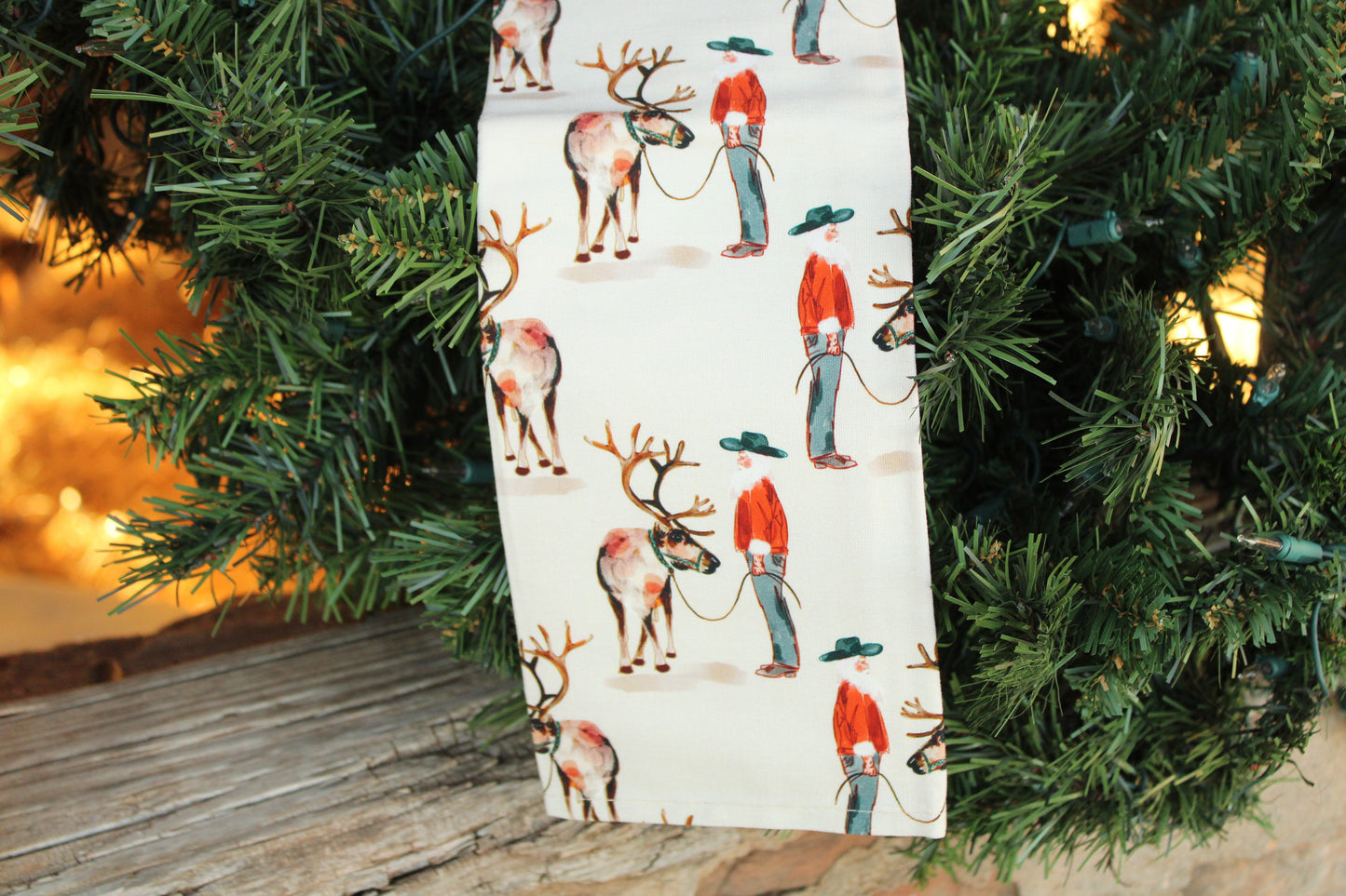 Santa’s Ranch Western Christmas Kitchen Tea Towel with Santa and Reindeer in Cream